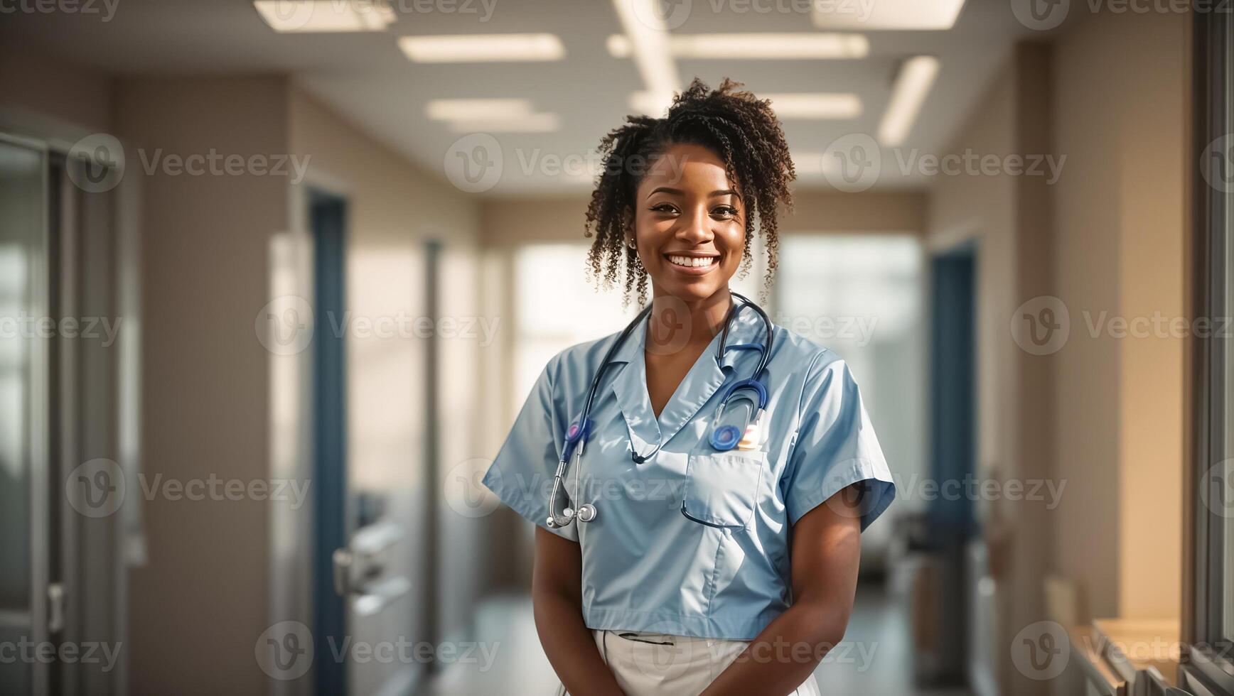 ai généré portrait de une content africain américain femelle médecin dans une fille clinique photo