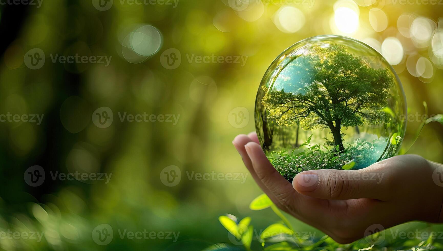 ai généré main en portant une cristal Balle avec la nature Contexte. Terre journée concept. photo