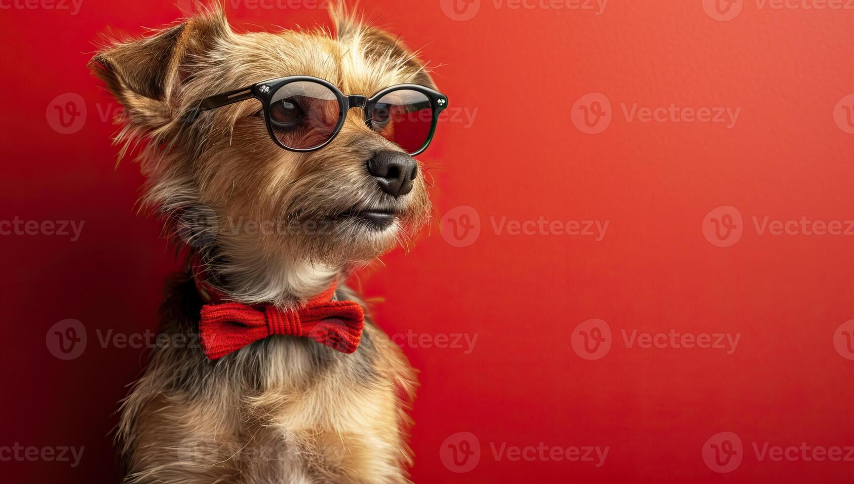 ai généré élégant chien avec des lunettes de soleil et nœud papillon sur vibrant rouge Contexte photo