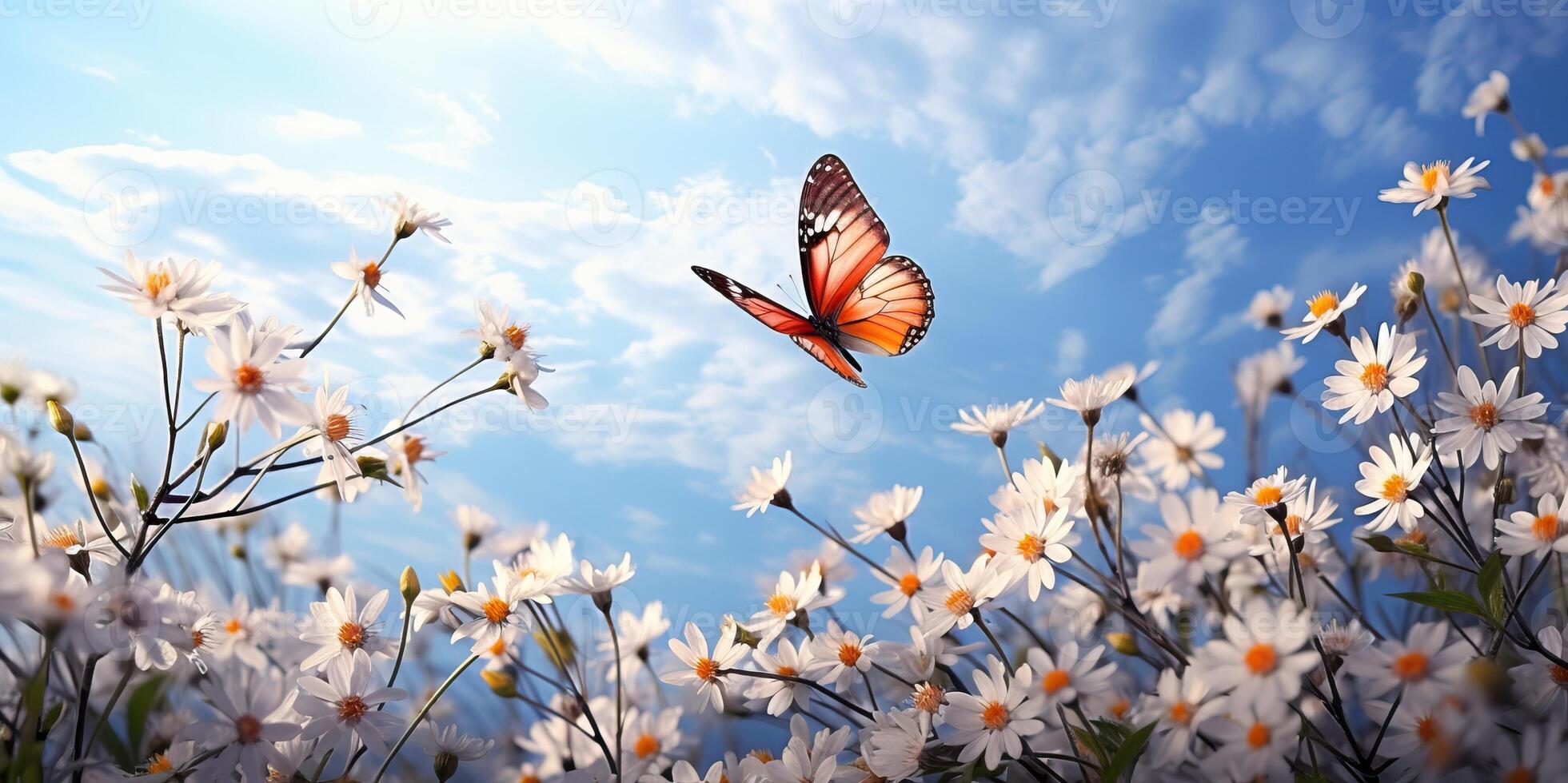 ai généré une papillon dans vol au milieu de épanouissement blanc fleurs en dessous de une clair bleu ciel photo