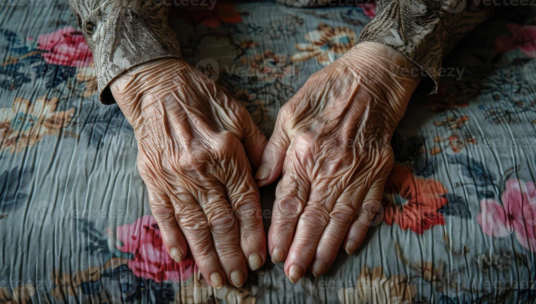 ai généré personnes âgées mains repos sur floral en tissu photo