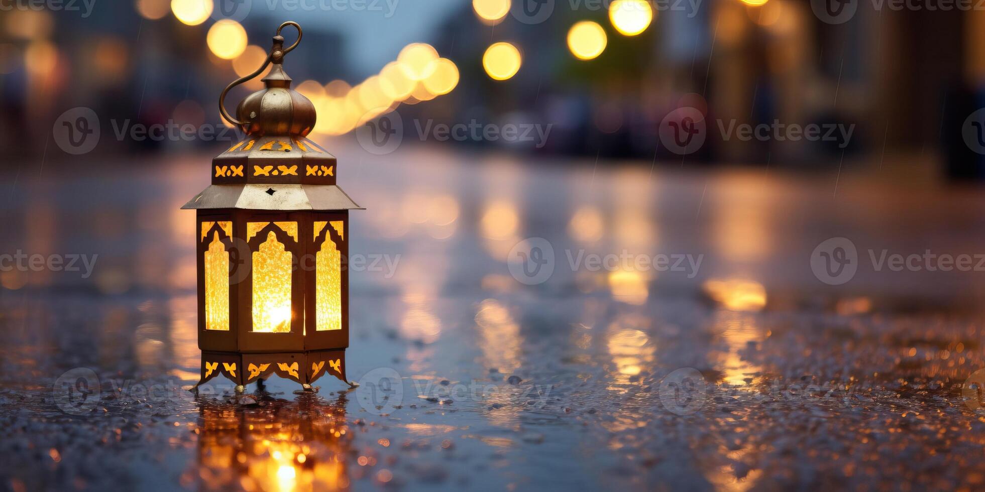 ai généré lanterne dans le ville à nuit, Ramadan kareem concept photo