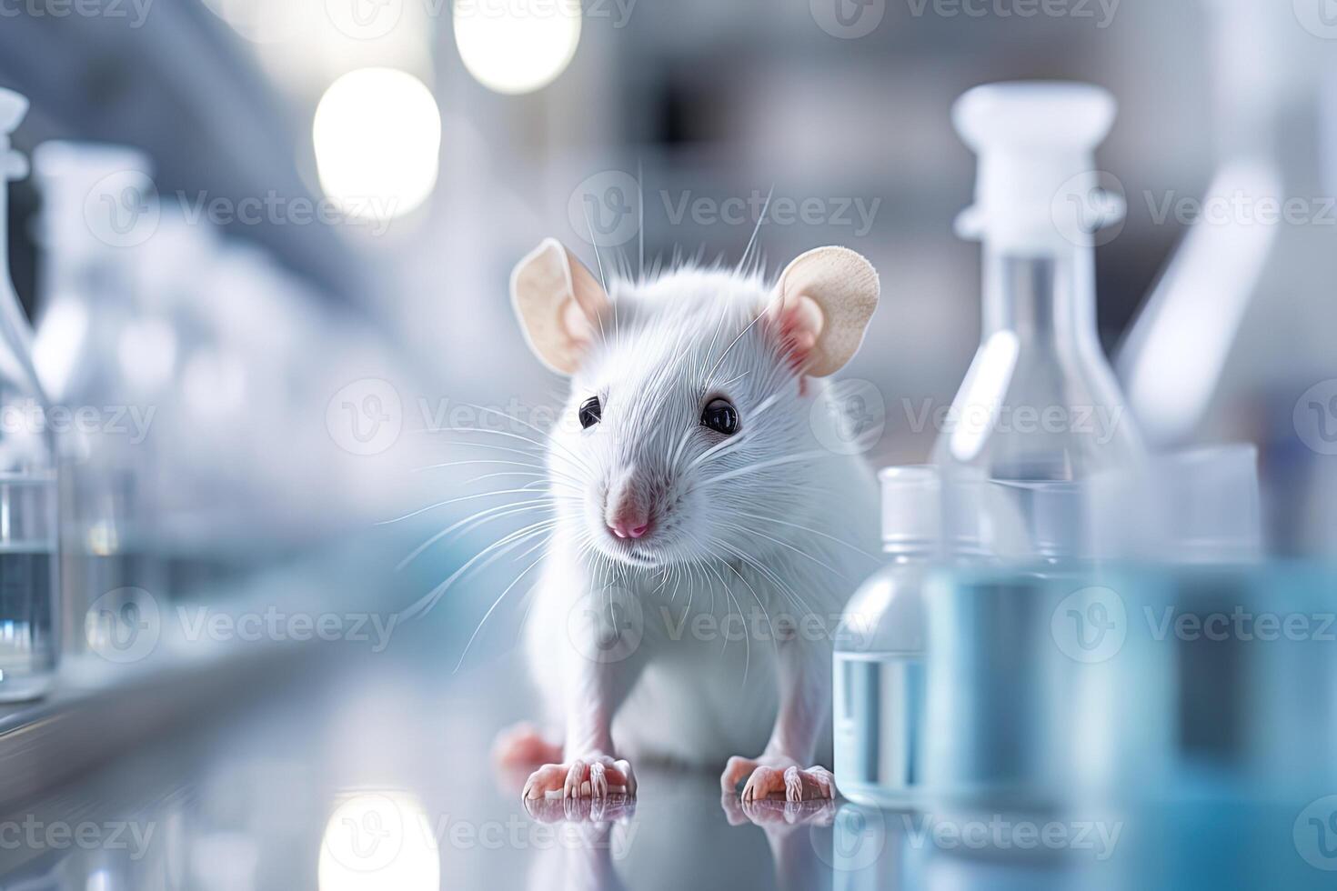 ai généré mignonne petit laboratoire blanc rat sur le table parmi le tester tubes et flacons sur flou Contexte photo