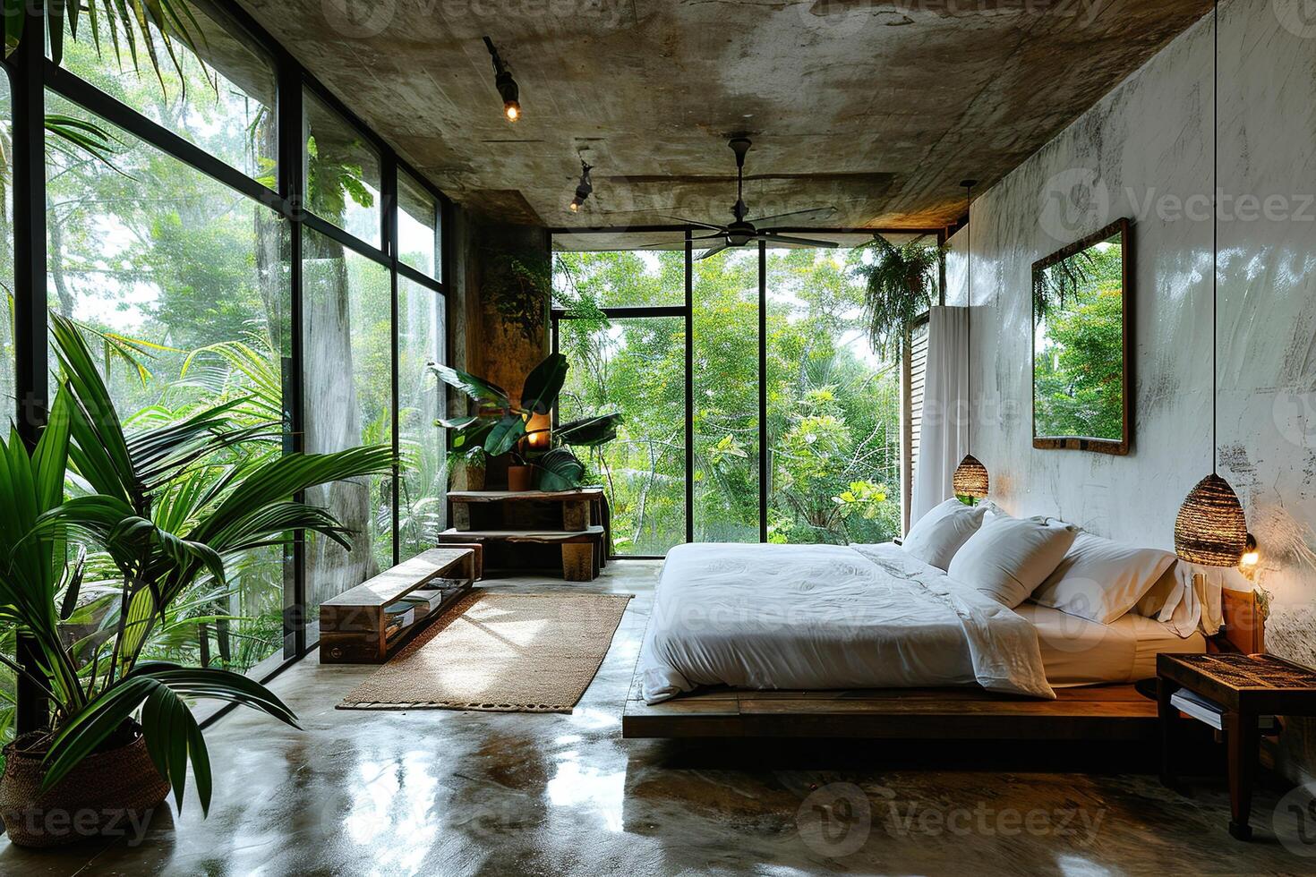 ai généré moderne intérieur de un respectueux de la nature Hôtel pièce avec grand les fenêtres dans une cacher dans une Profond jungle photo