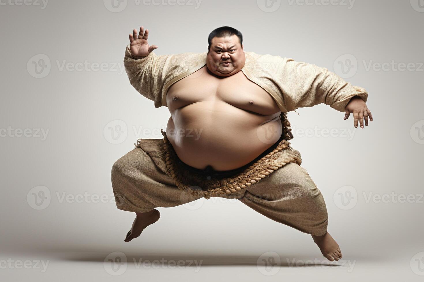 ai généré en surpoids sumo lutteur sauter haute sur une blanc Contexte photo