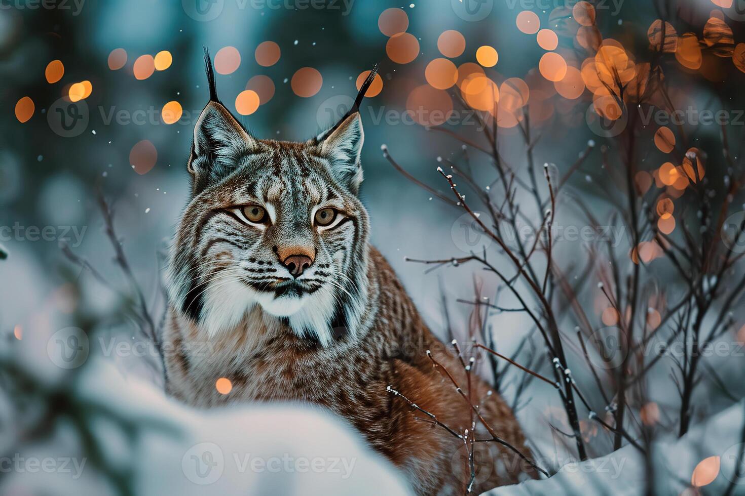 ai généré sauvage Lynx sur hiver soir forêt flou bokeh Contexte photo