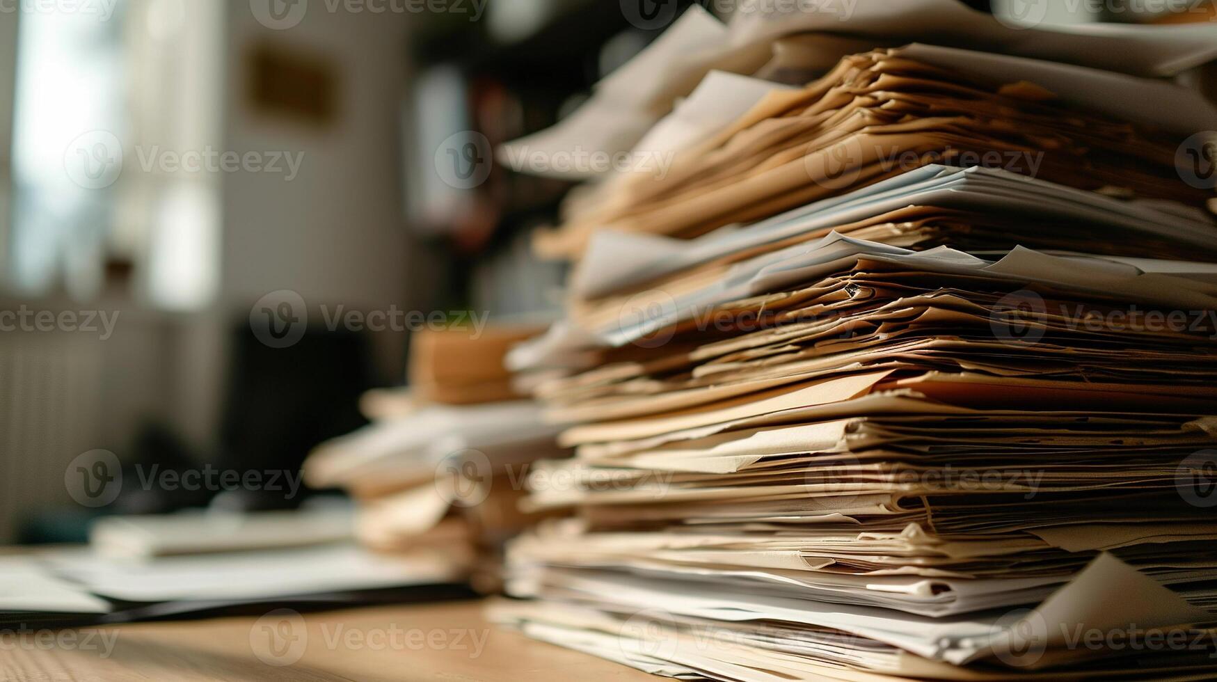 ai généré une bouquet de documents. vieux archivage les documents sur une flou Bureau Contexte. sélectif concentrer et peu profond profondeur de champ. photo