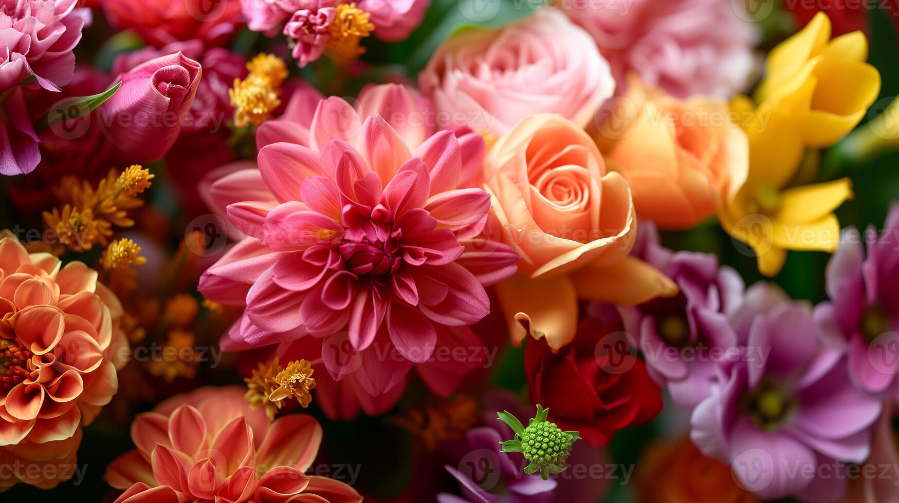 ai généré Contexte de magnifique été fleurs - des roses, gerberas, luxuriant dahlias, fermer. sélectif se concentrer. le art de création bouquets. floristique. floral texture. photo