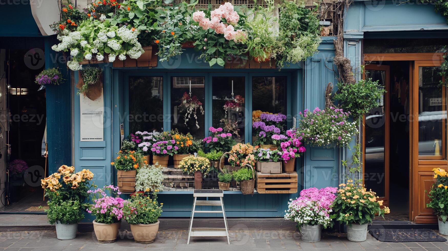 ai généré coloré fleurs dans de face de une fleur magasin dans un vieux européen ville sur une printemps journée. photo