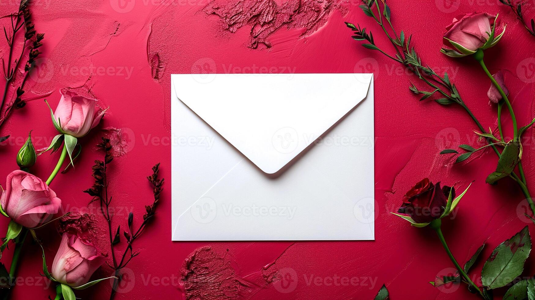 ai généré nettoyer blanc enveloppe sur rose grunge Contexte avec Glaçage stries et fleurs. Cadre de papier enveloppe dans le centre de le modèle, brillant rose plâtre. photo