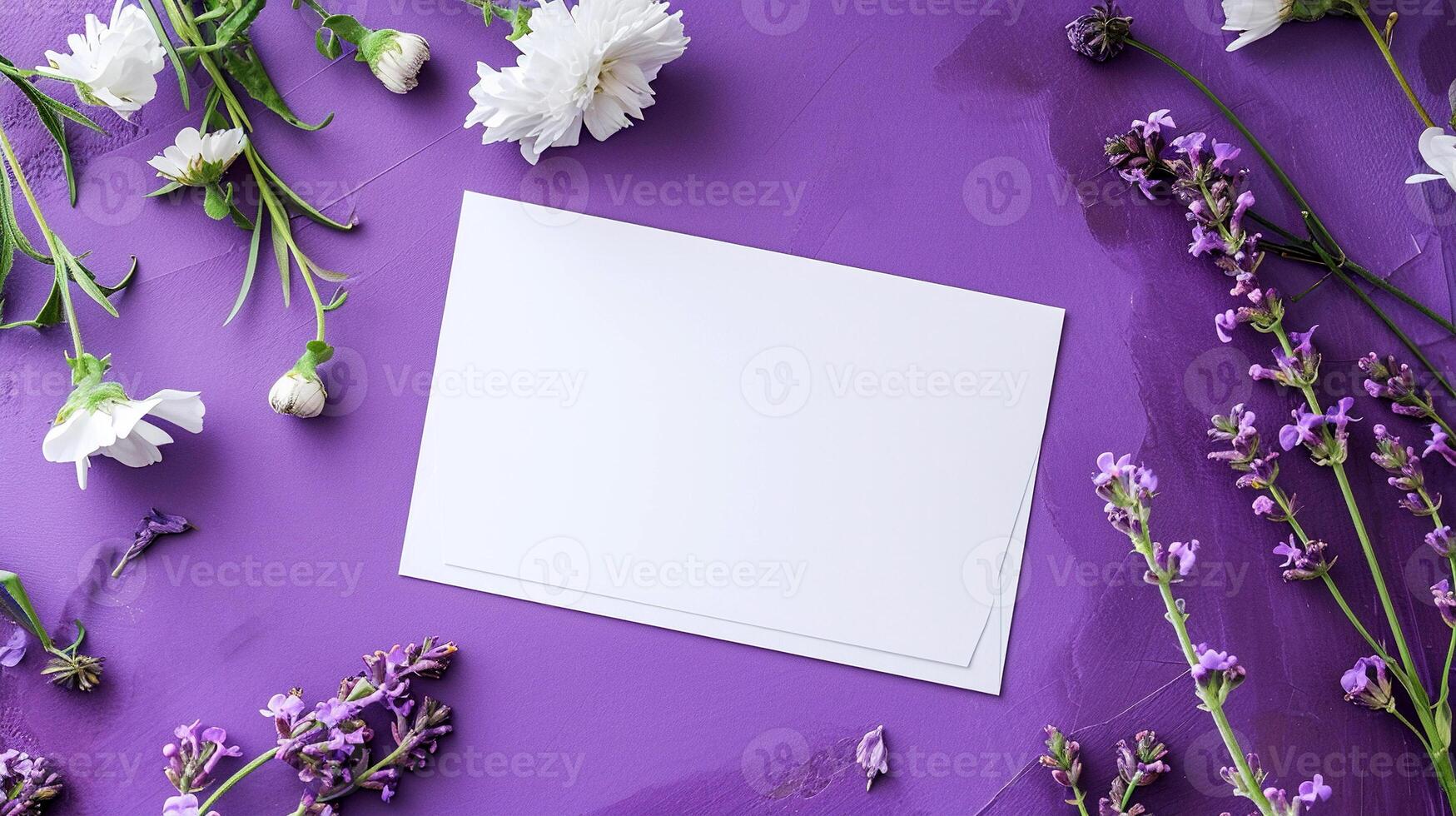 ai généré fleurs composition. blanc carte sur violet Contexte. photo