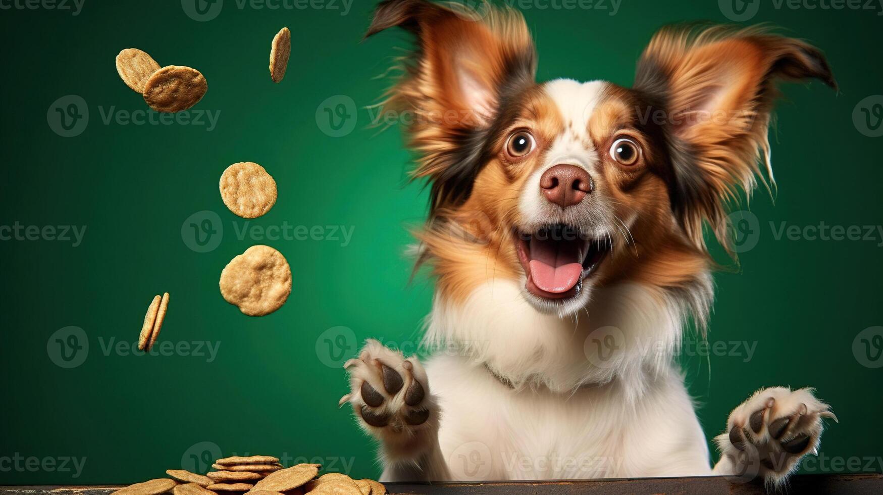 ai généré marrant chien avec biscuits. marrant chien sur vert Contexte. photo