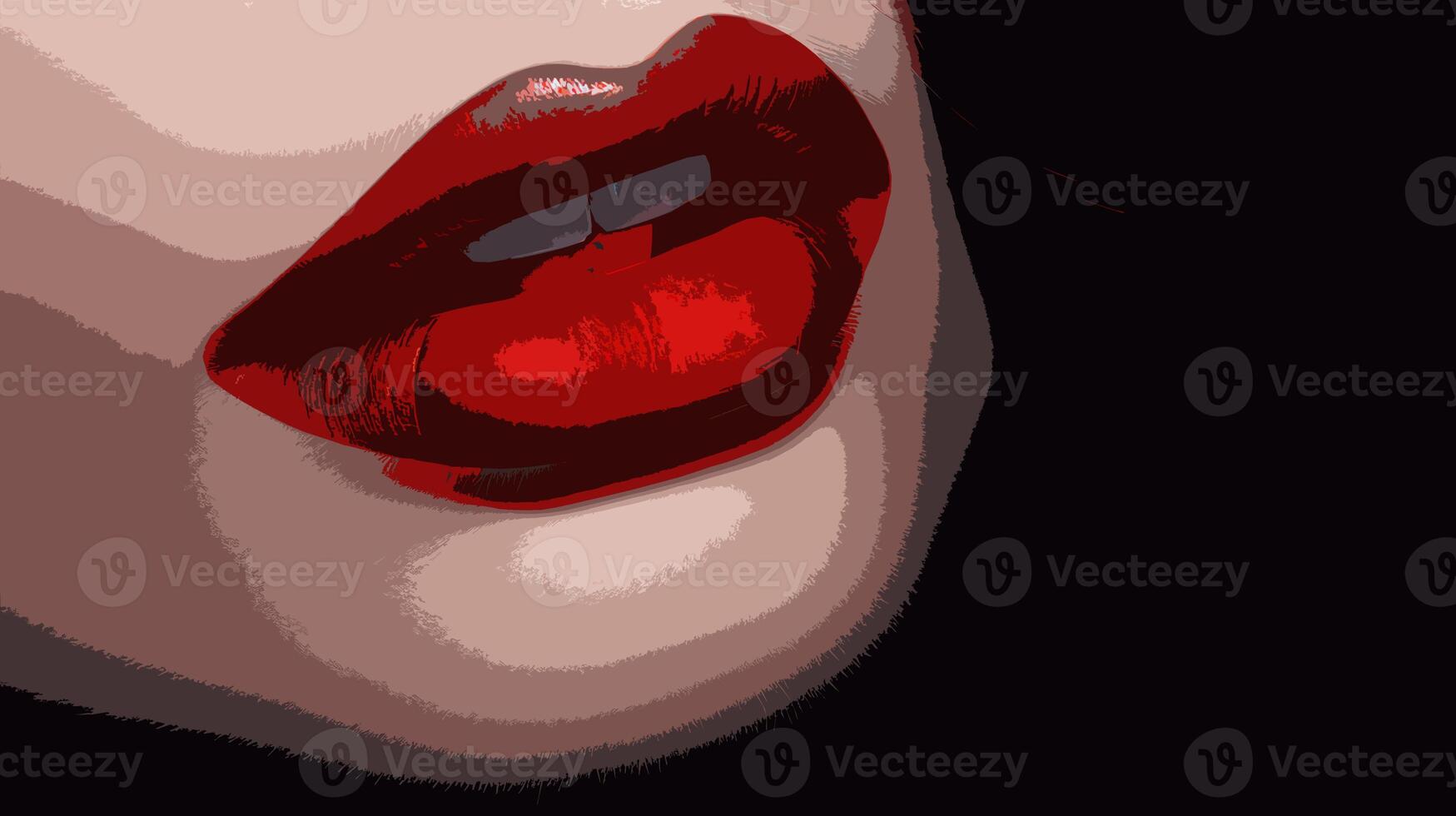 ai généré illustration de une femelle bouche avec rouge lèvres sur une noir Contexte. photo