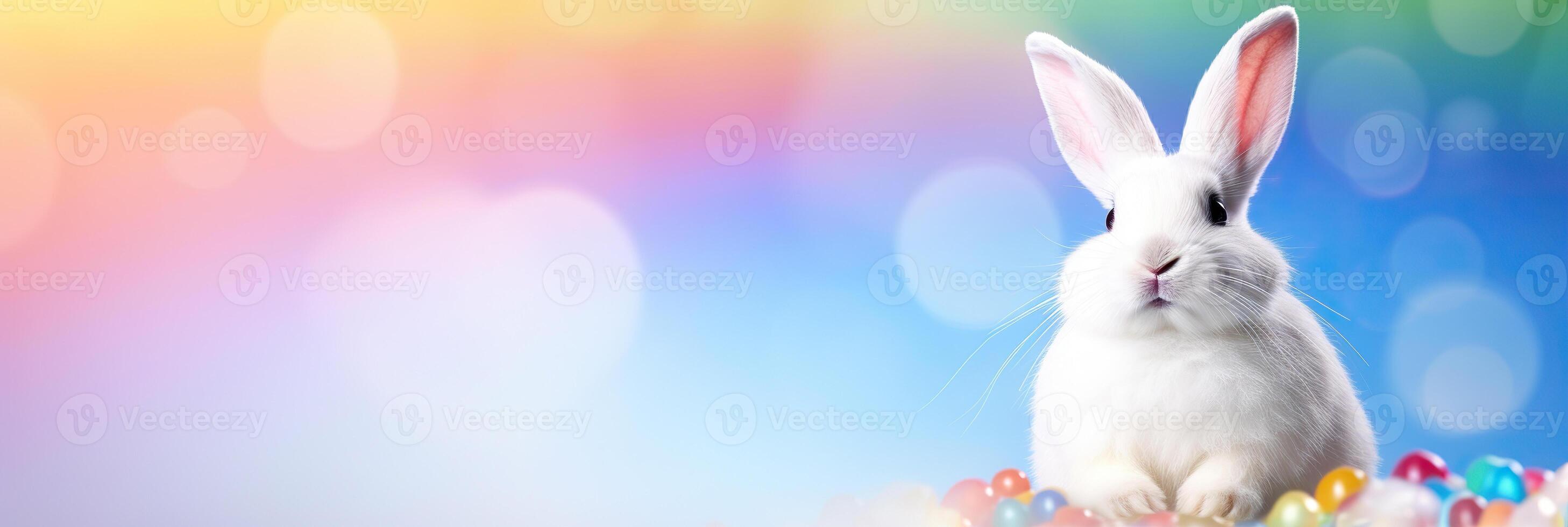 ai généré blanc lapin contre arc en ciel Contexte. portrait de une mignonne peu blanc lapin sur une coloré studio Contexte. Pâques concept. photo