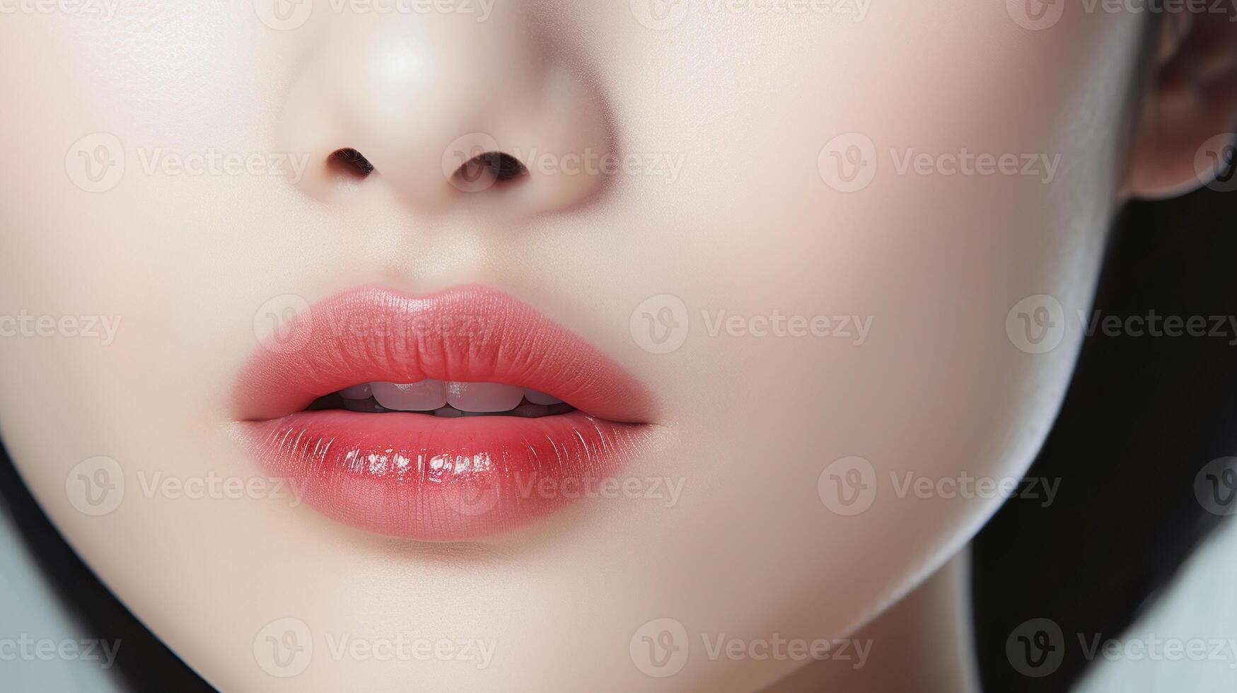 ai généré séduisant lèvres de une Jeune fille avec lèvre brillant. magnifique femelle lèvres avec rose rouge à lèvres fermer. professionnel se maquiller. photo