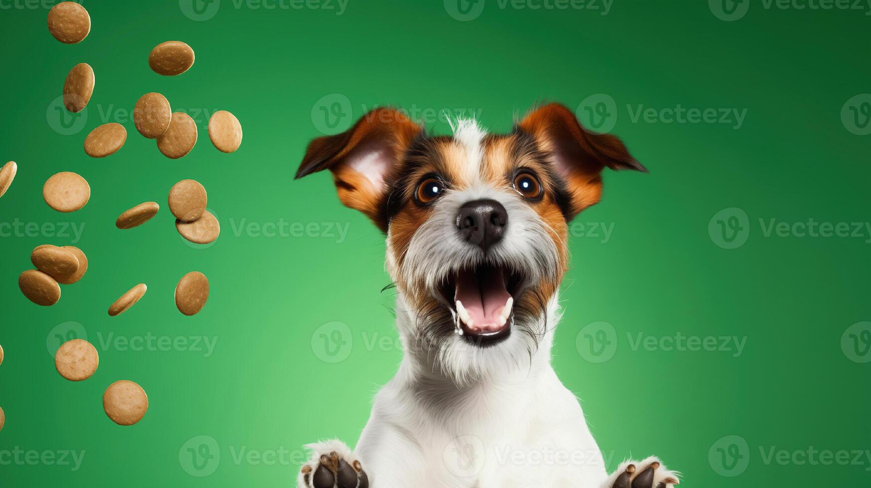 ai généré marrant chien avec chute biscuits sur vert Contexte. jack Russell terrier. photo