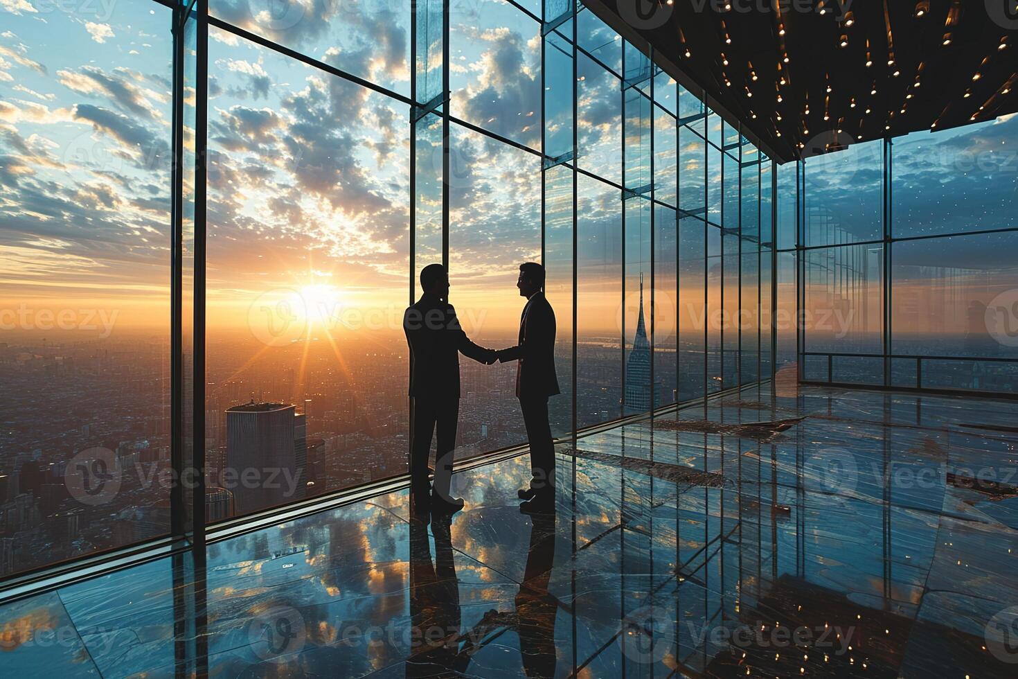 ai généré côté vue de deux silhouettes de les hommes d'affaires tremblement mains sur le Haut sol près grand fenêtre contre le toile de fond de le réglage Soleil plus de une gros ville photo