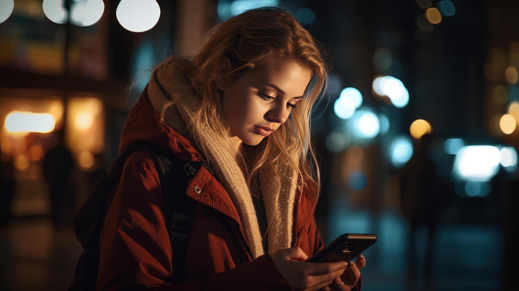 ai généré fermer de femme en utilisant mobile téléphone à nuit à nuit photo