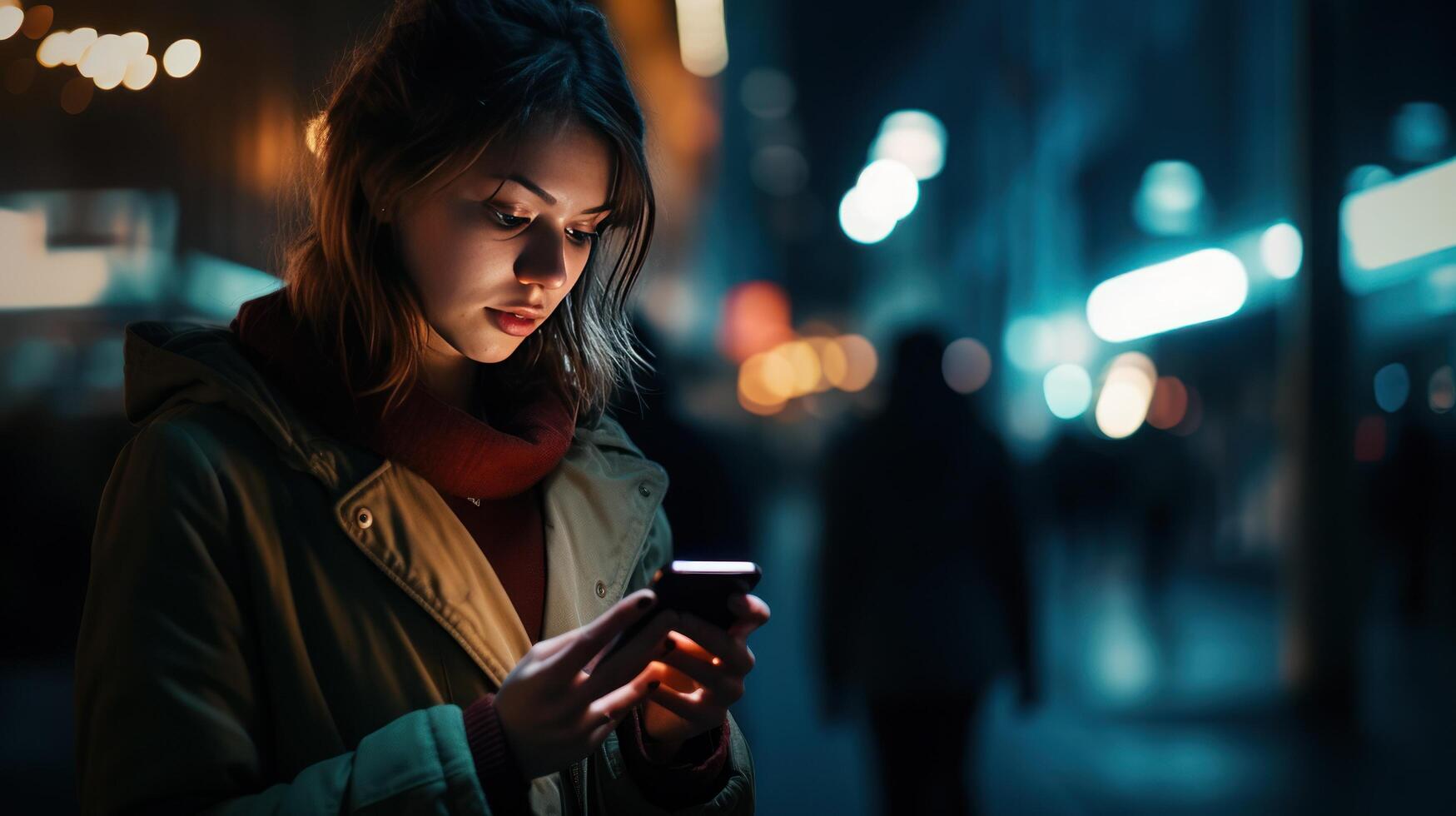 ai généré fermer de femme en utilisant mobile téléphone à nuit à nuit photo