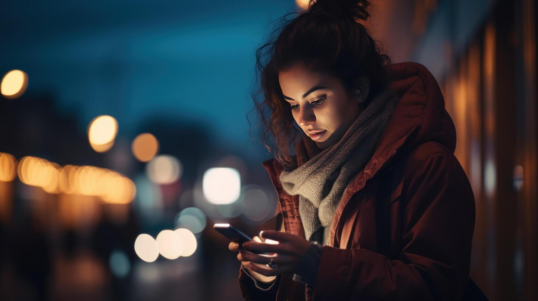 ai généré fermer de femme en utilisant mobile téléphone à nuit à nuit photo