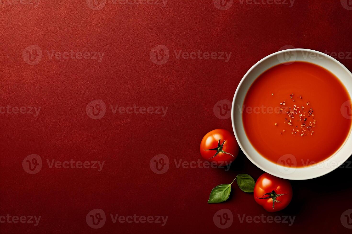 ai généré bol de tomate soupe sur rouge Contexte avec Frais tomates, Haut voir, copie espace. ai généré. photo