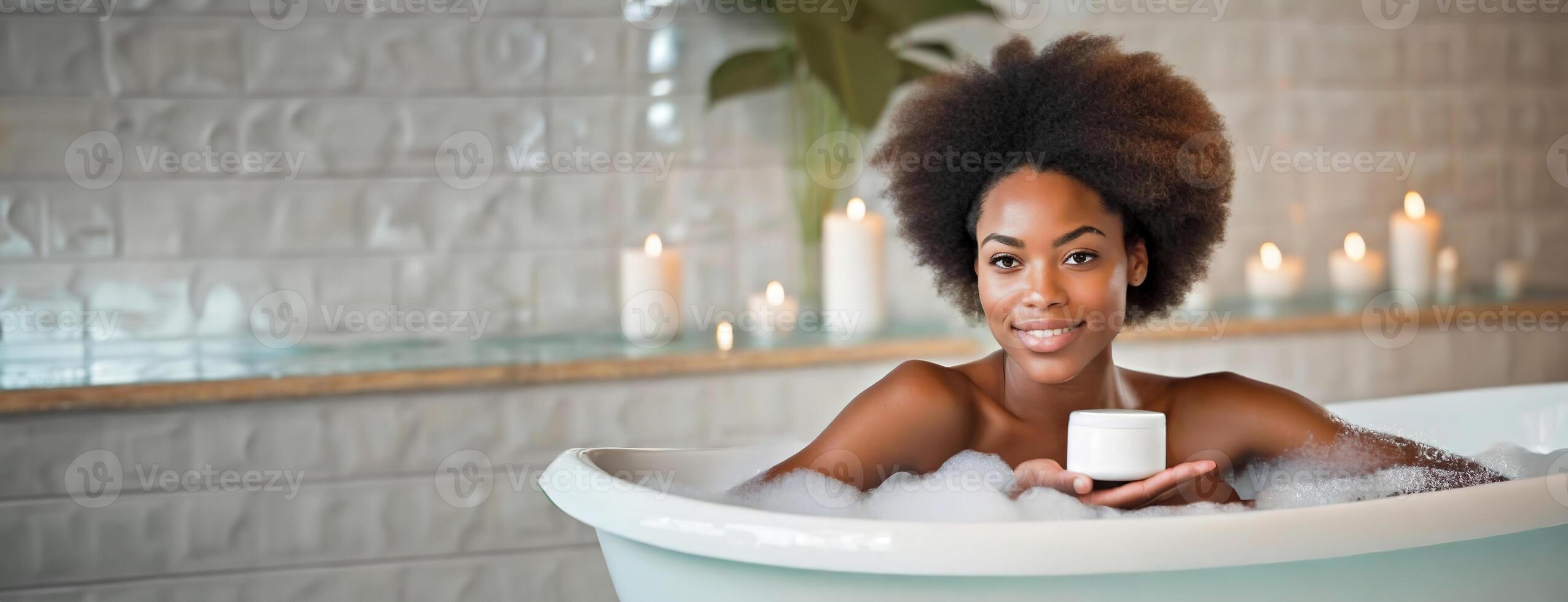 ai généré relaxant Accueil spa expérience. dans le confort de maison, une Jeune femme jouit une paisible bain, encapsulant soins auto-administrés et relaxation. panorama avec copie espace. photo