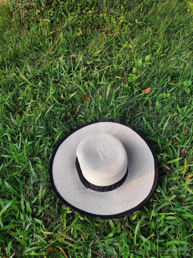 une chapeau de soleil décoré avec noir arc attacher sur luxuriant vert herbe prairie, directement au dessus voir, vacances se détendre, pique-nique concept, du repos temps photo
