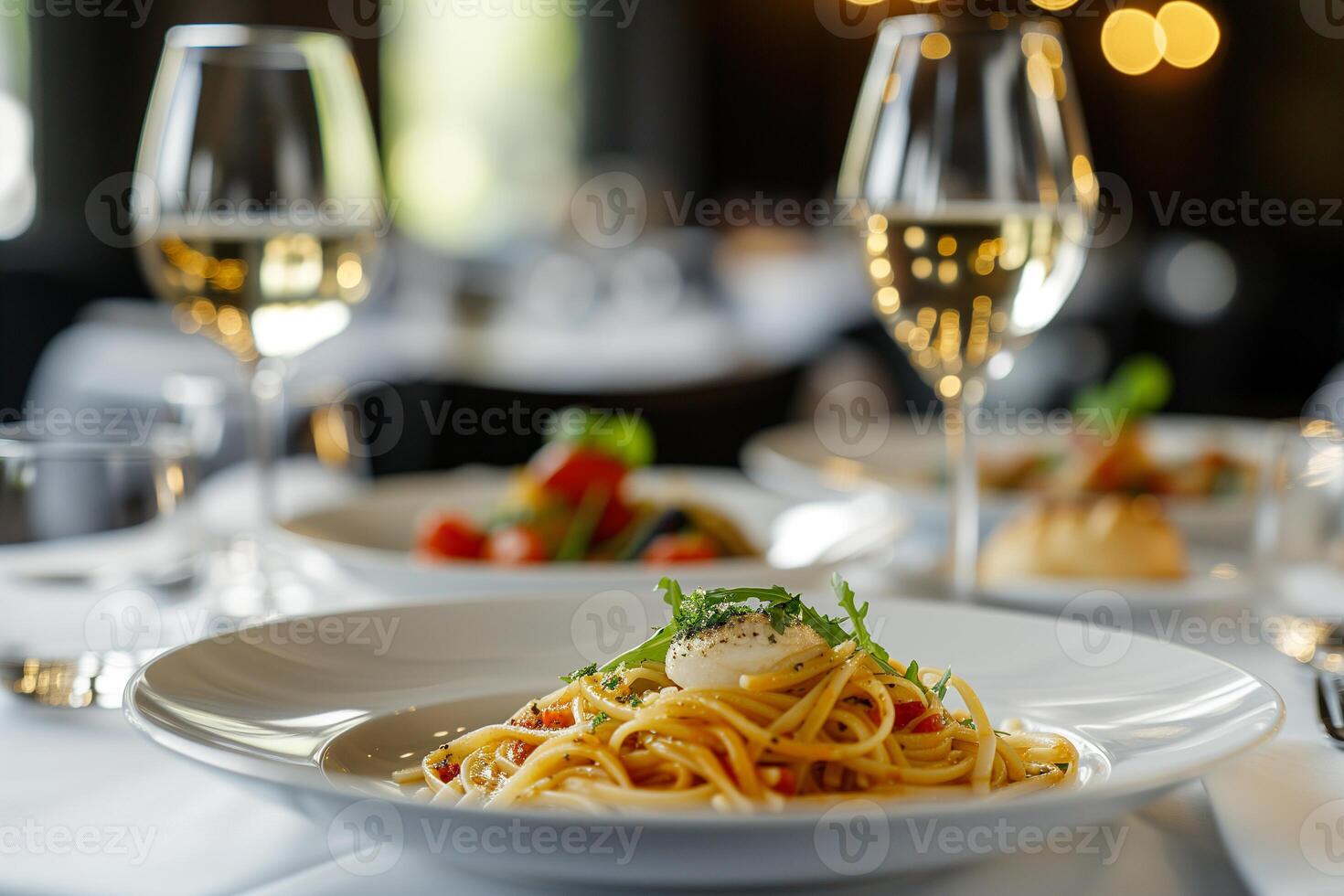 ai généré sans gluten Pâtes vaisselle sur un élégant à manger table photo