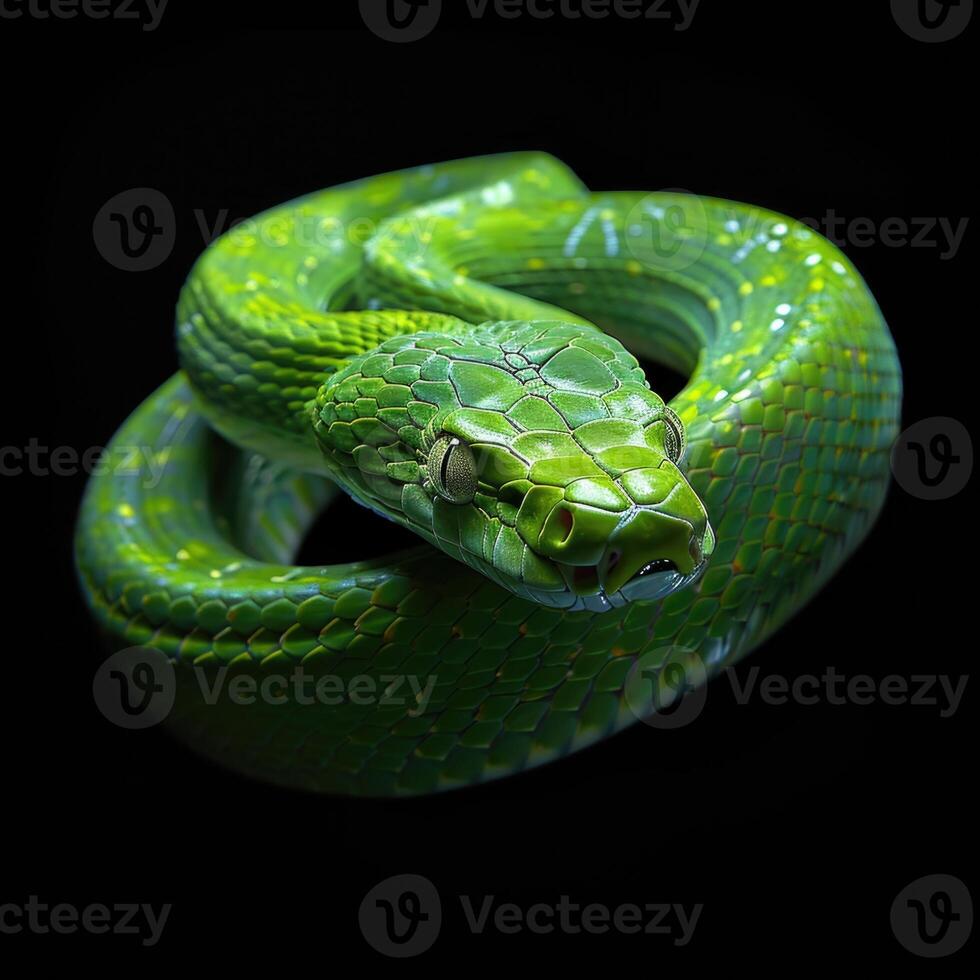 ai généré dans cette fascinant fermer, rencontre une vibrant vert serpent mettant en valeur ses complexe Balance photo
