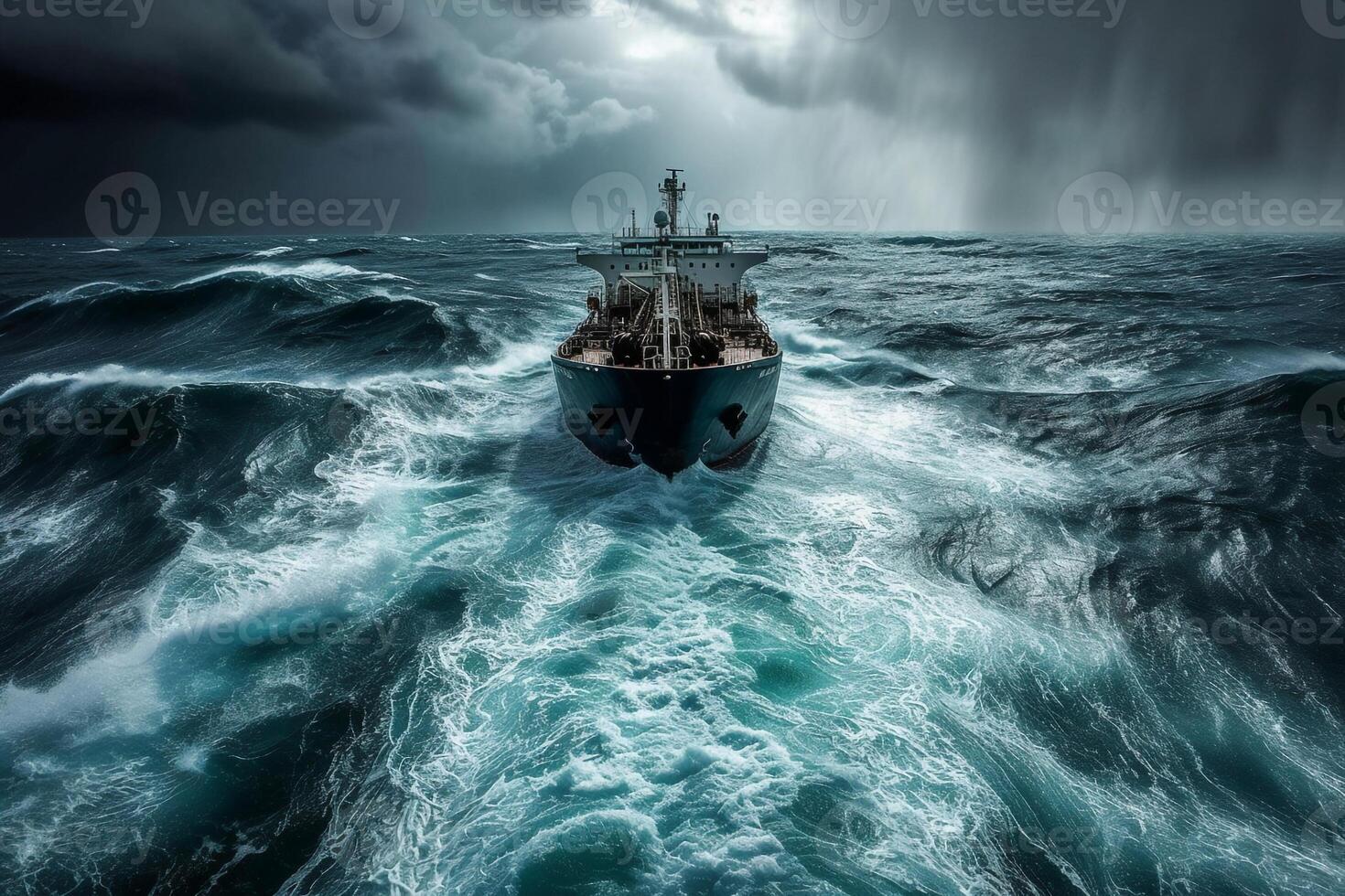 ai généré pétrolier navire navire est voile dans océan par le lourd orage . photo