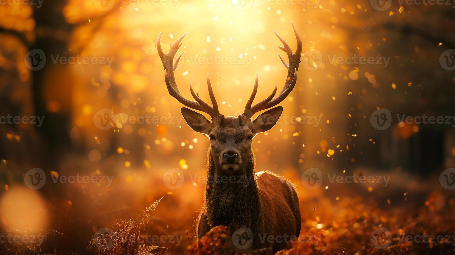 ai généré la nature faune scène Jeune cerf avec gros klaxon dans le forêt . photo