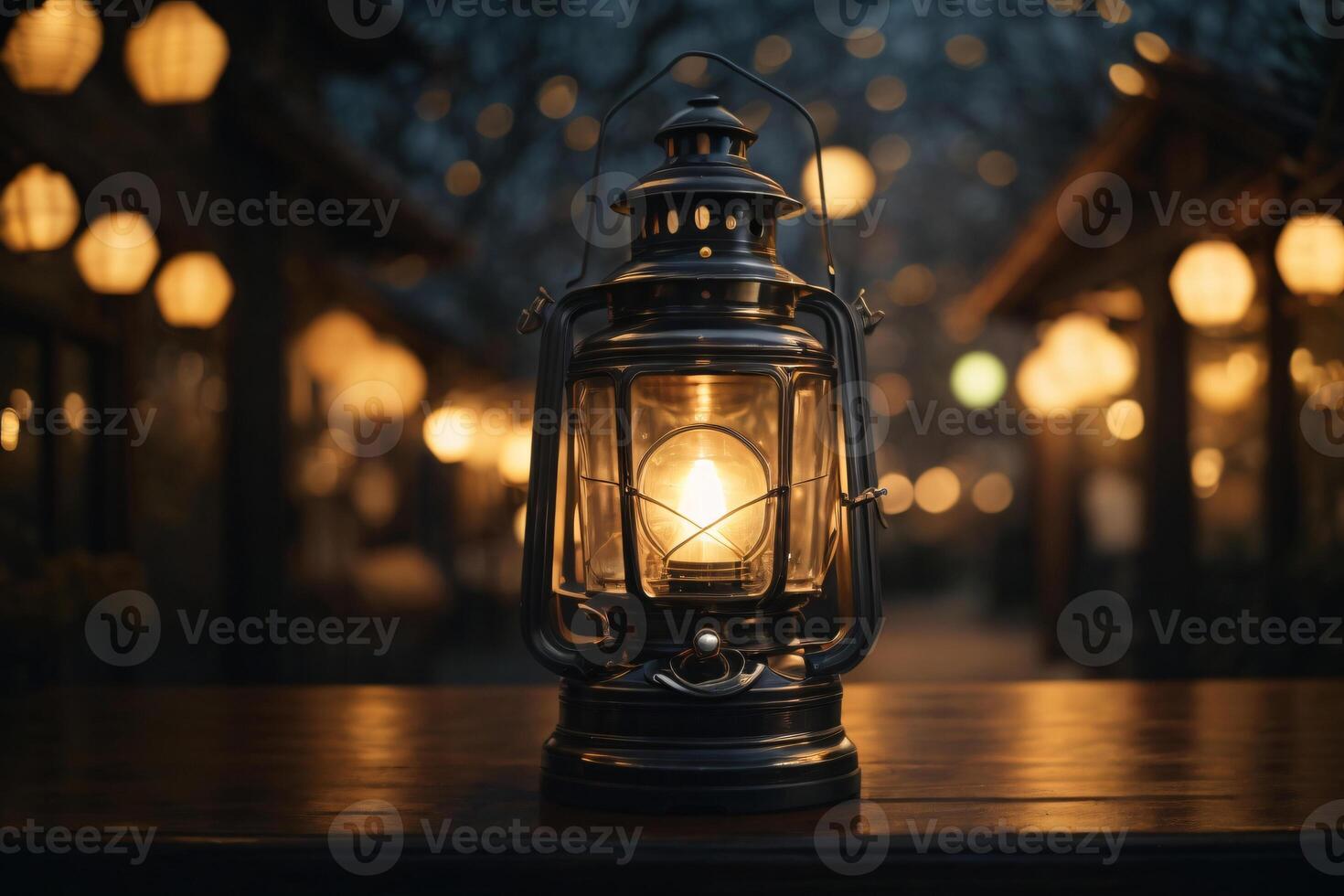 ai généré ornemental arabe lanterne avec brûlant bougie embrasé à nuit et étincelant d'or bokeh lumières. de fête salutation carte, invitation pour musulman saint mois Ramadan Karim. foncé Contexte photo