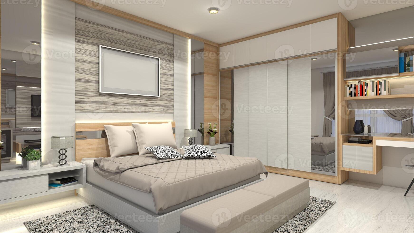 moderne Maître chambre conception avec en bois garde-robe et table bureau 3d illustration photo