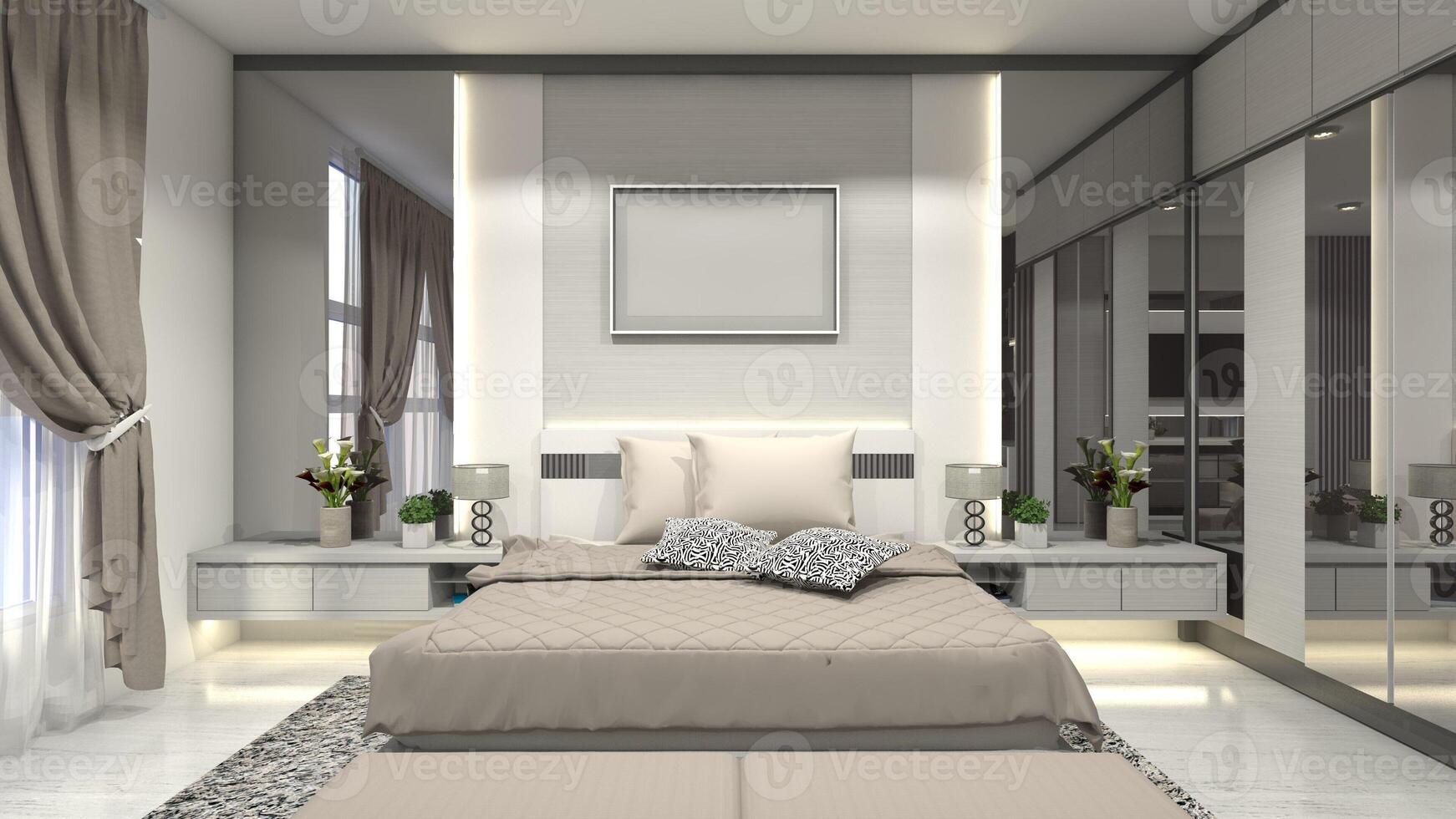 moderne et luxe Maître chambre avec retour mur panneau décoration 3d illustration photo