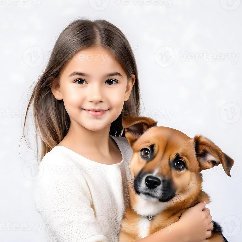 ai généré une Beau Jeune fille avec mignonne chien isolé sur blanc Contexte photo
