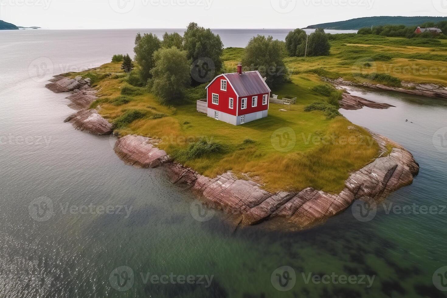 ai généré aérien vue de rouge maison sur rivage. produire ai photo