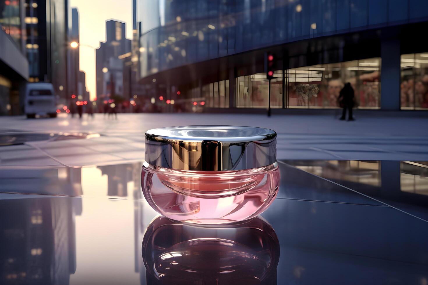 ai généré Urbain élégant. cosmétique produit dans le paysage urbain. ai généré photo