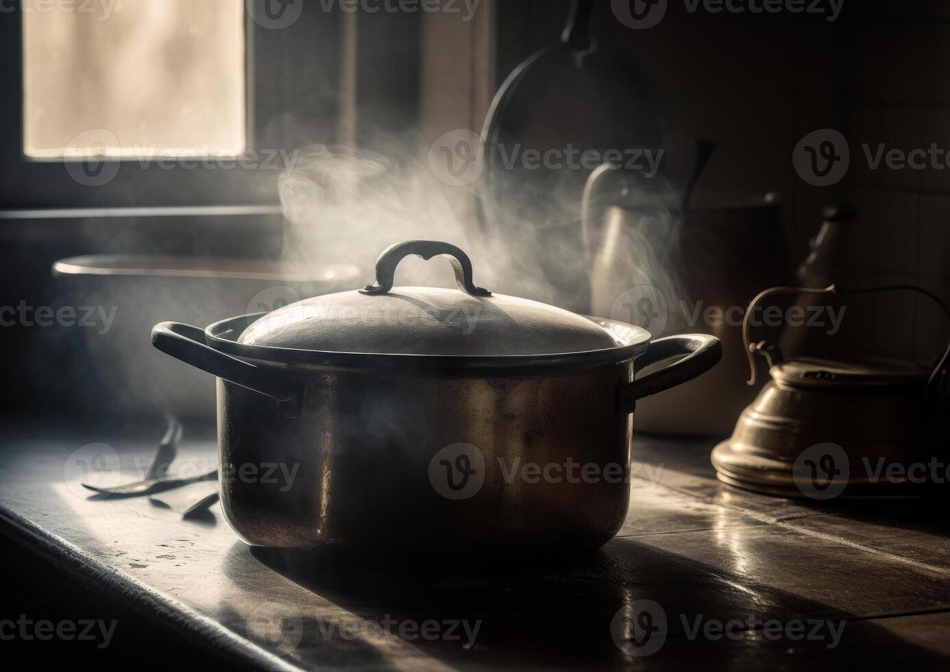 ai généré le pot est en hausse sur certains vapeur sur un vider. une pot sur une le fourneau avec vapeur à venir en dehors de il photo