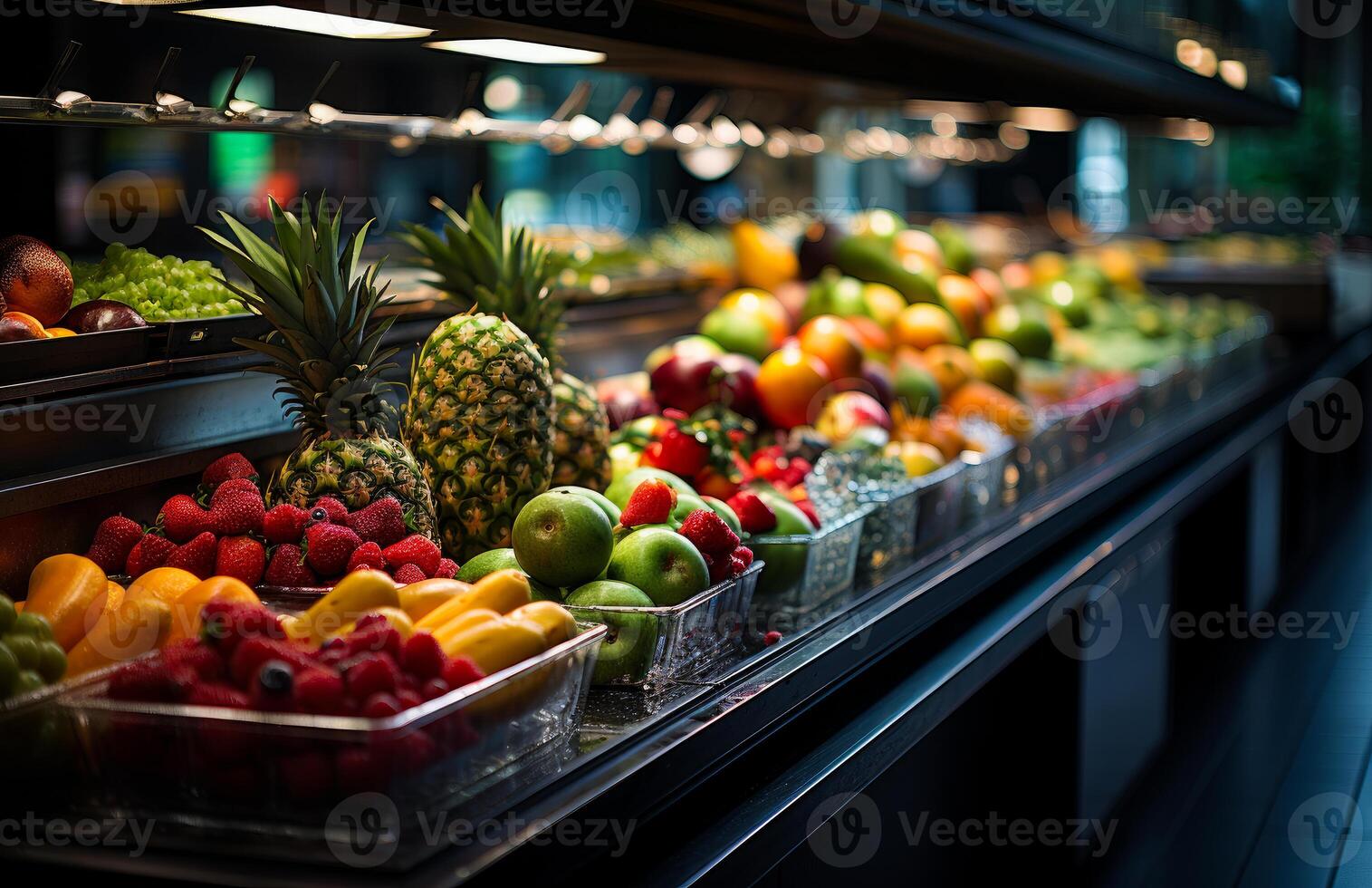 ai généré Frais des fruits et des légumes dans une supermarché. une afficher Cas rempli avec beaucoup de différent les types de des fruits photo