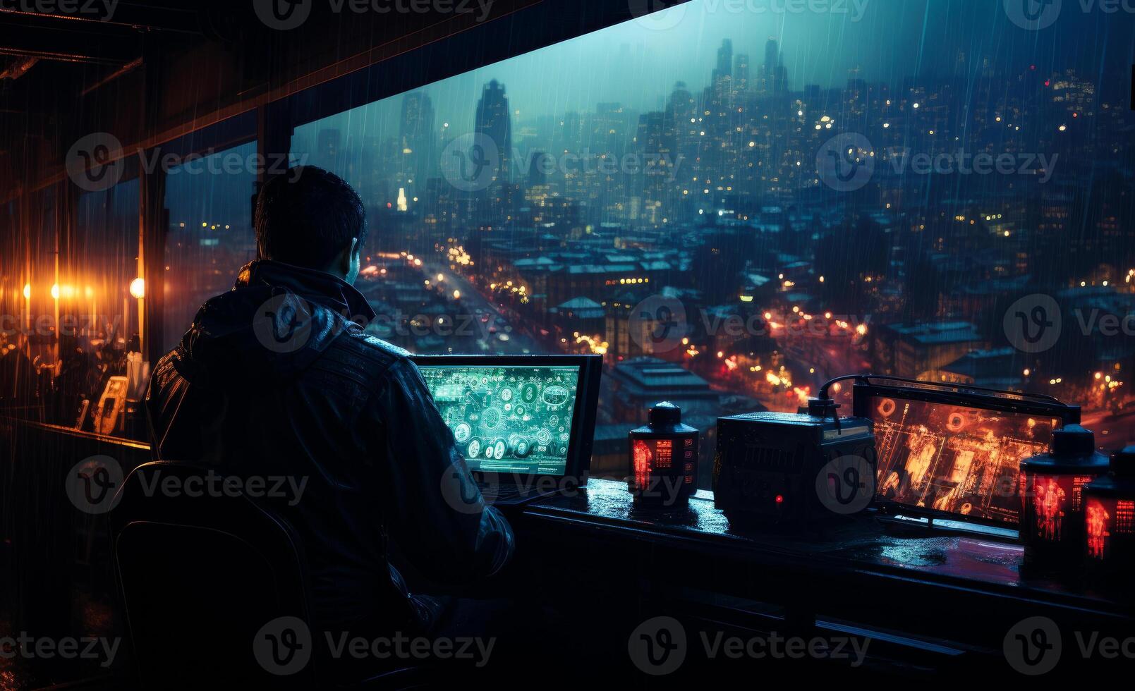 ai généré Sécurité officiers visualisation. une homme séance à une bureau dans de face de une ordinateur photo