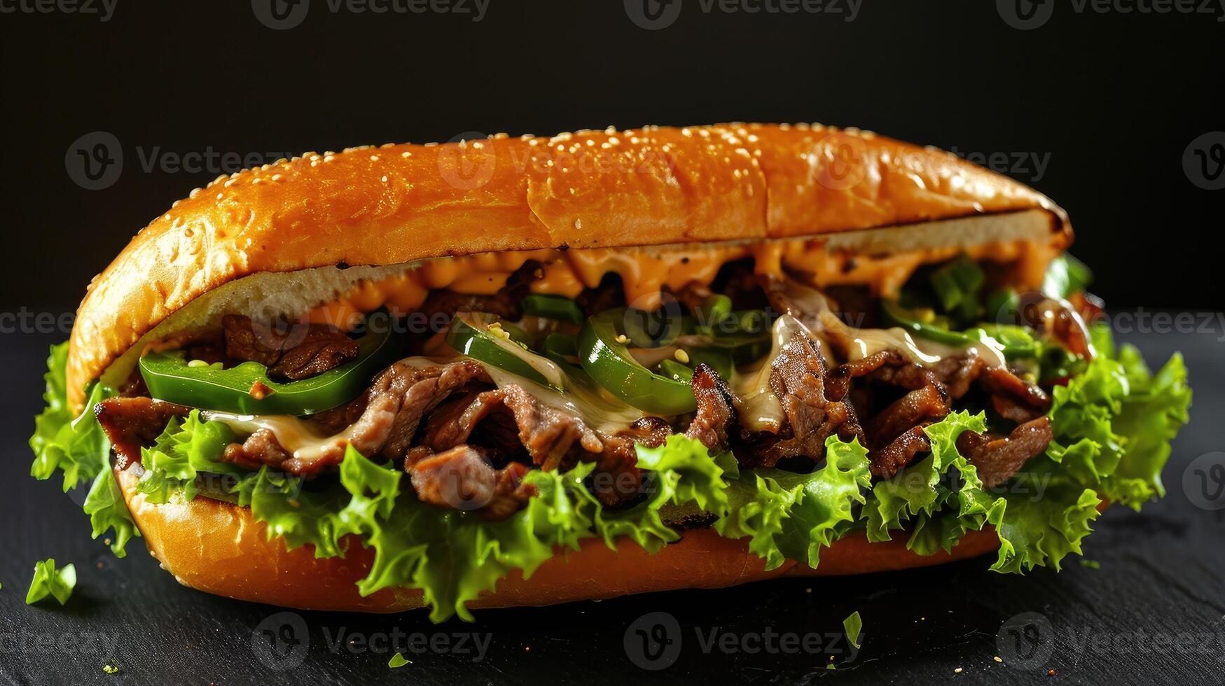 ai généré se livrer dans le riches les saveurs de Mexique par une sarriette carne Asada torta sandwich, ai généré. photo