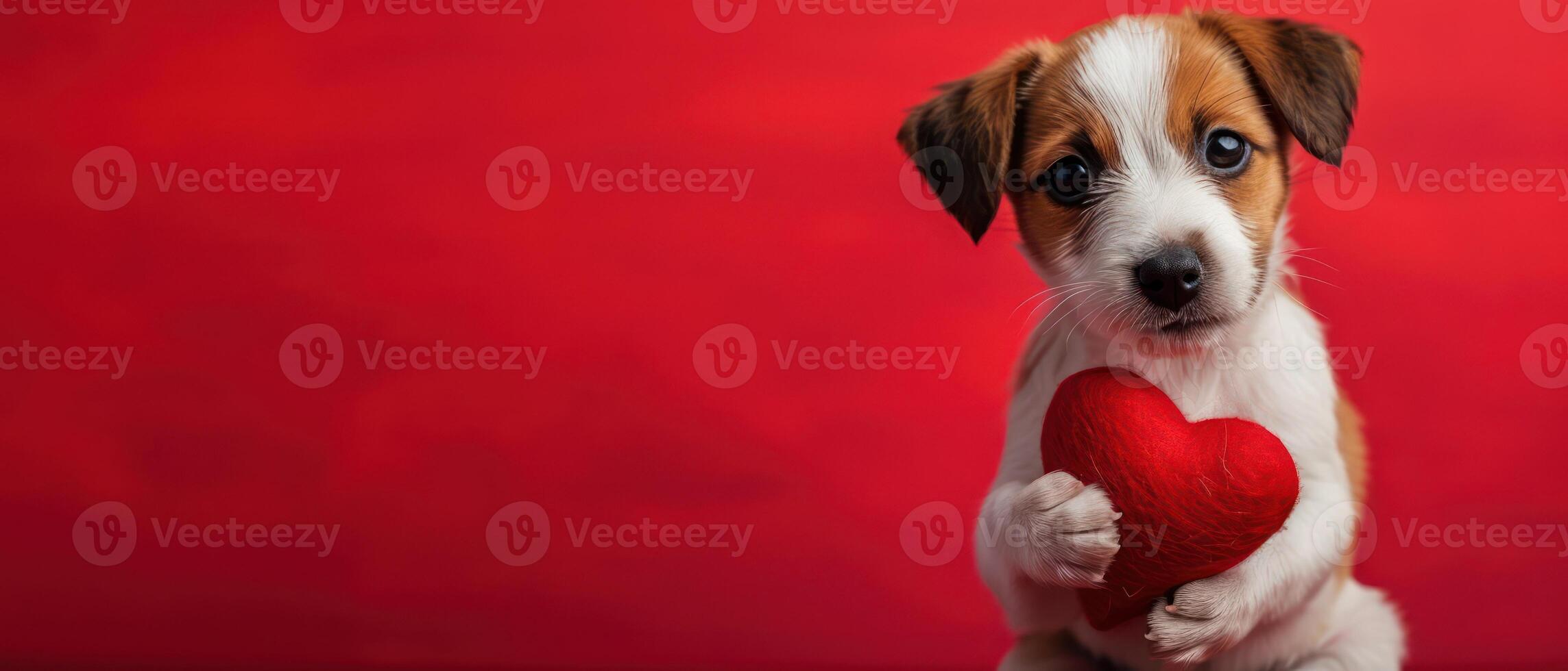 ai généré chiot des stands en portant une rouge cœur, isolé contre une rouge arrière-plan, ai généré photo