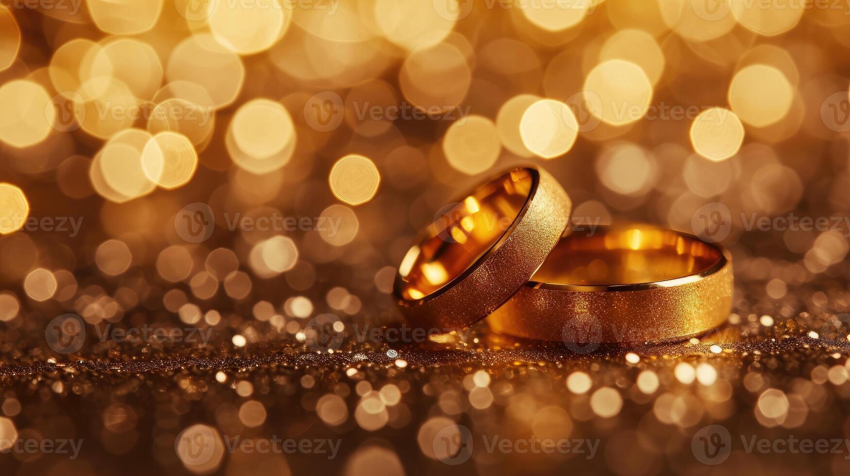 ai généré d'or mariage bague scintille contre une rêveur bokeh toile de fond, ai généré. photo