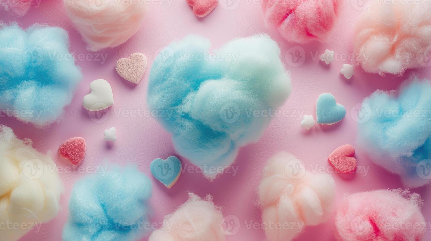 ai généré coloré en forme de coeur coton bonbons sur une pastel arrière-plan, pur confiserie joie, ai généré. photo