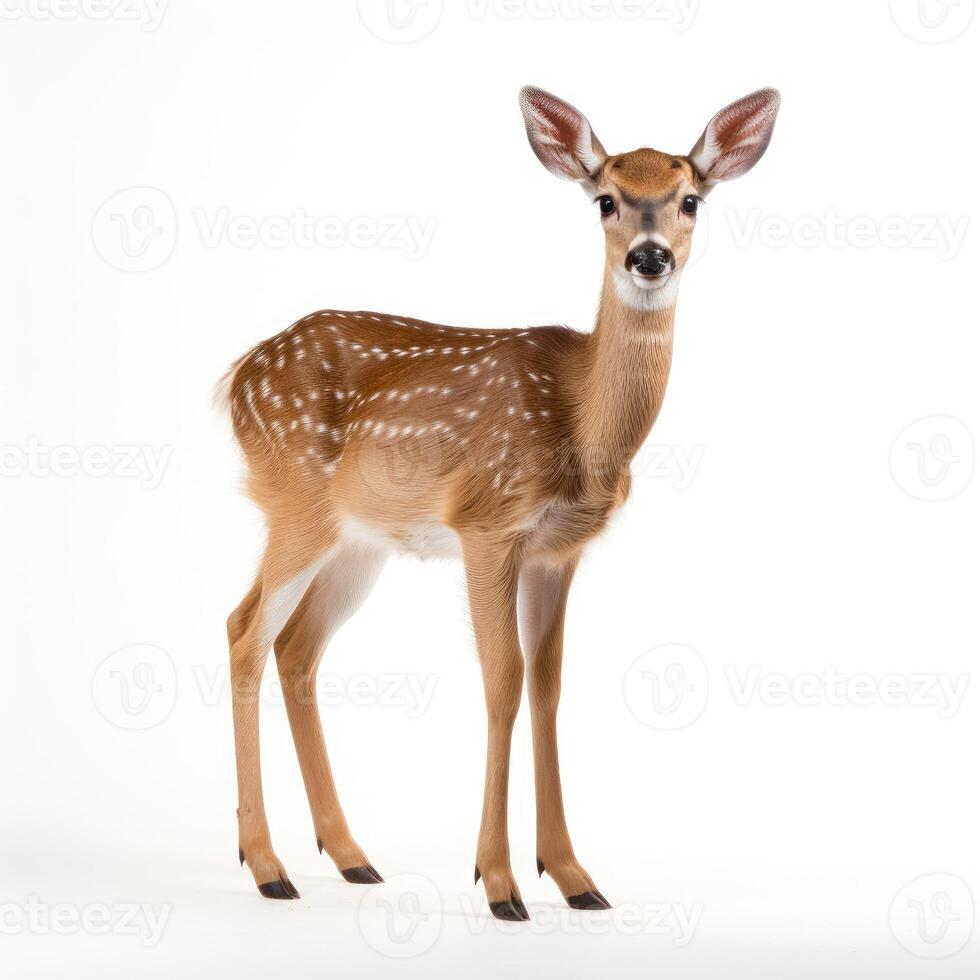 ai généré une serein cerf des stands en dehors sur une pur blanc toile de fond, ai généré photo