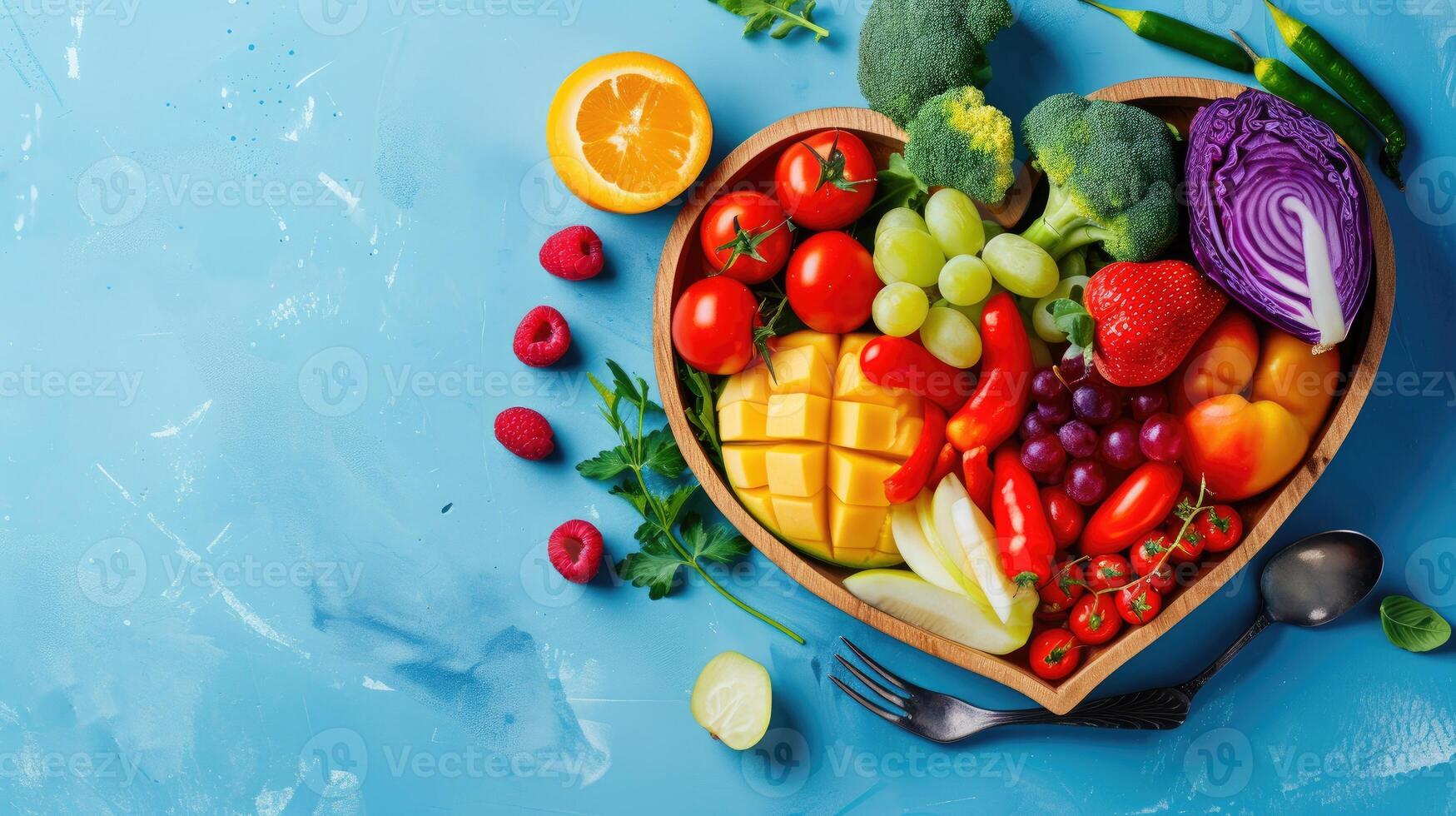 ai généré en forme de coeur assiette orné avec des fruits et des légumes sur une bleu arrière-plan, ai généré. photo