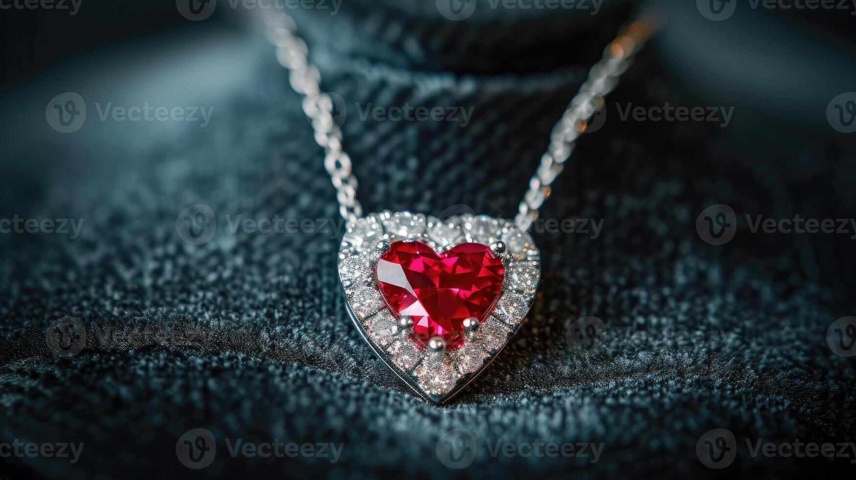 ai généré élégant en forme de coeur diamant Collier avec une frappant rouge pierre à ses centre, ai généré photo