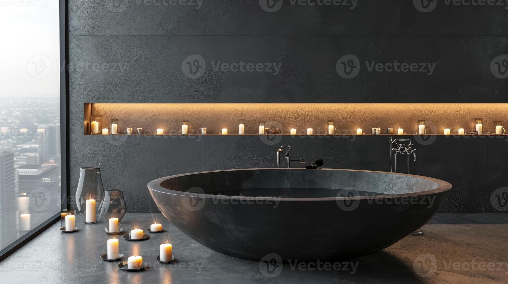 ai généré se prélasser dans une moderne salle de bains avec une élégant noir pierre une baignoire et le apaisant ambiance de chandelle. ai généré photo