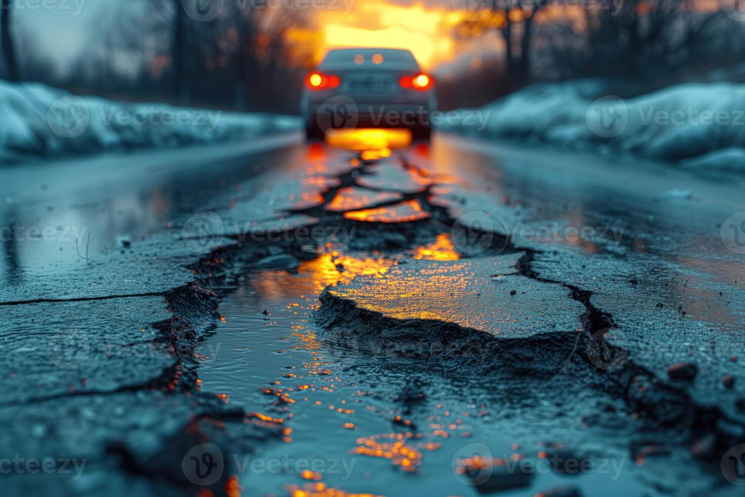 ai généré route fissure dans le route et voiture en mouvement sur asphalte surface photo