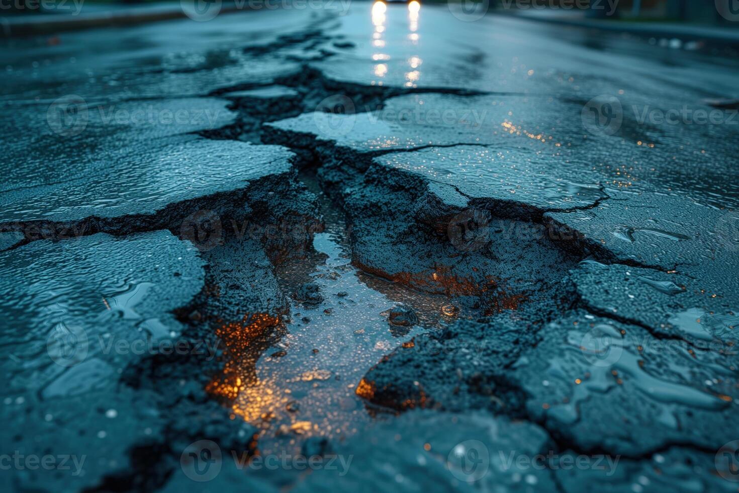 ai généré route fissure dans le route et voiture en mouvement sur asphalte surface photo